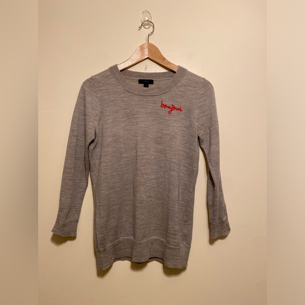 J. Crew Gray Crewneck Sweater with Red 'bonjour' Accent. Size XS